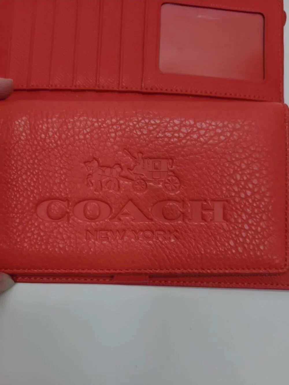 Coach Pebbled Leather Wallet Coral Red Checkbook Wallet Tri-Fold Snap
